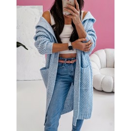 Solid Color Hooded Long Pocket Women's Cardigan - New Autumn/Winter Casual Loose Sweater Jacket