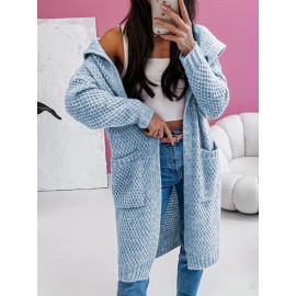 Solid Color Hooded Long Pocket Women's Cardigan - New Autumn/Winter Casual Loose Sweater Jacket