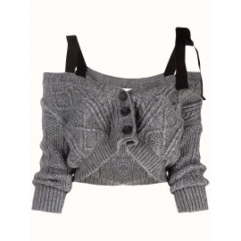 Women'S Chic Off-Shoulder Sweater - Sexy Cropped Top with Button Front, Fall Winter Outfits, Elegant Party Casual Attire - Women'S Fashion Sweater, Ladies Sweaters, Seasonal Wardrobe, Trendy Knitwear, Durable Construction, Buttonup Top, Adults, Casual Outfit, Soft Texture, Stylish Knitwear, Adults Fashion