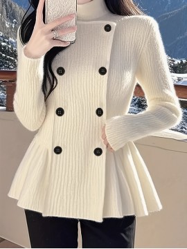 Women'S Elegant High Neck Long Sleeve Sweater - Winter Coat-like Top with Button Front, Stretchy Fabric, Long Sleeve Pullover for Fall/Winter, Everyday & Formal Outfits - Women'S Sweater, Sweater, Fall Fashion, Office Wear, Stylish Knitwear