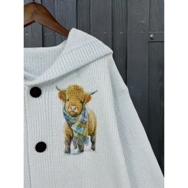 Retro Style Cow Print Hooded Cardigan with Loose Buttons and Pockets Women's Long Sweater Jacket for Early Autumn