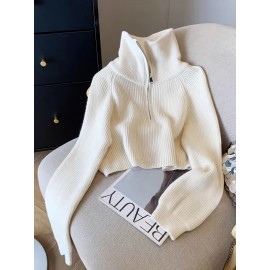 Women's Elegant Ribbed Zip-Up Sweater - Long Sleeve Stand Collar Short Length Slim Fit, Solid Color All-Season Versatile Layering Piece