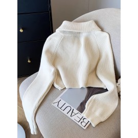 Women's Elegant Ribbed Zip-Up Sweater - Long Sleeve Stand Collar Short Length Slim Fit, Solid Color All-Season Versatile Layering Piece