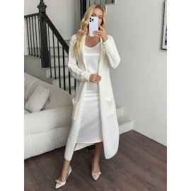 Women'S Long Cardigan - Elegant Lapel Collar Sweater, All-Season Chic Sweater for Everyday & Formal Outfits, Office, Parties - Women'S Clothing, Ladies Sweaters, Party Attire, Sophisticated Style, Durable Knitwear, Office Attire, Classic Design