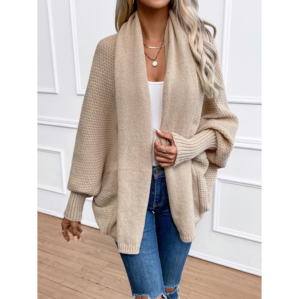 Versatile Solid Color Open Front Batwing Sleeve Cardigan for Spring & Fall, Women's Clothing