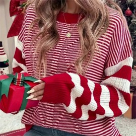 Women'S Red & White Striped Sweater - Long Sleeve Round Neck Pullover, All-Season Casual Elegant Sweater for Everyday & Formal Outfits