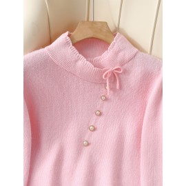 Women's Thick & Soft Sweater with Bow Buttons - Winter Warm Round Neck Long Sleeve Cozy Sweater, Beige & White Cable- Design, All-Season Casual Elegant Pullover for Fall and Winter Layering, Hand Wash or Dry Clean, Solid Color with Bow Detail, Medium Stretch, Relaxed Fit, Fleece Lining for Extra Warmth, Chic and Comfortable for Casual Attire, Cozy Sweaters For Women, Casual Long Sleeve Sweater, Oversized Knit Sweater, Colourfull Loose Sweater For Women,