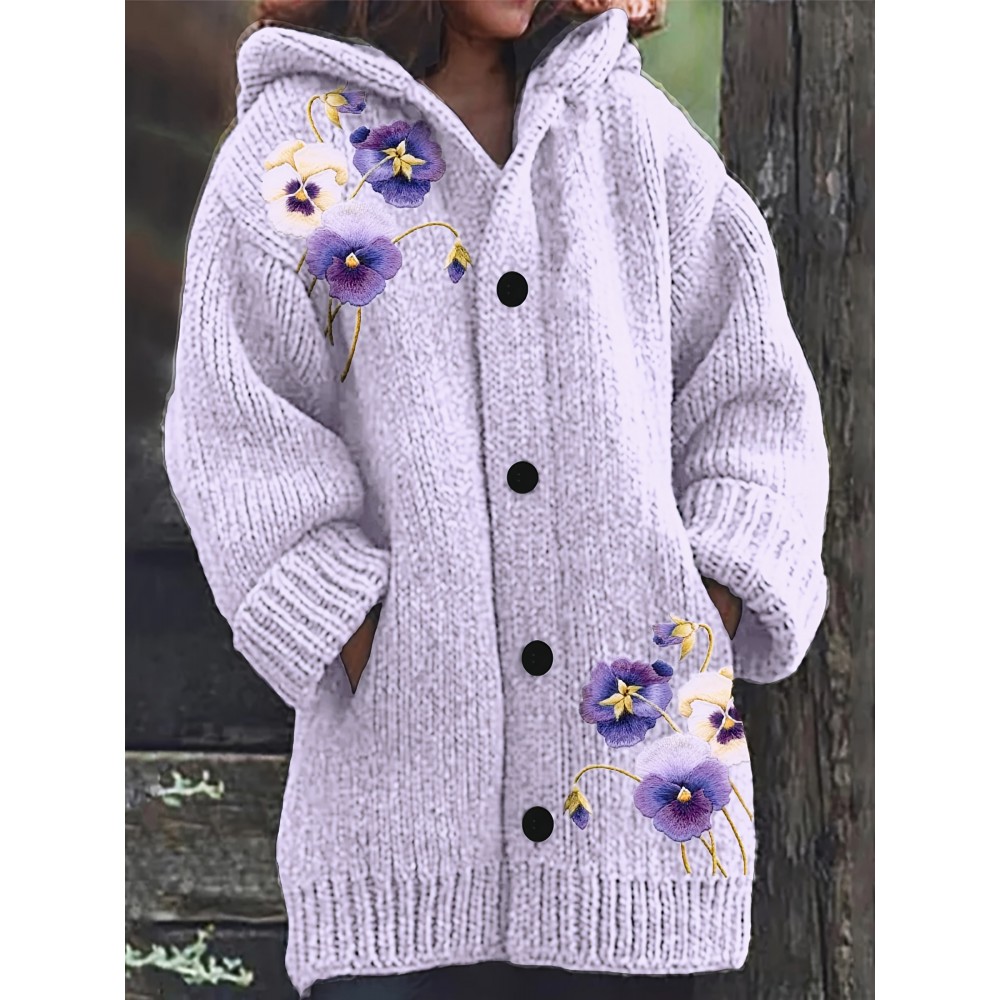 [Light Purple Hooded Sweater] European and American Retro Style Light Purple Hooded Thick Open Front Loose Long Sweater with Floral Print