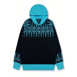 Women'S Elegant Hooded Sweatshirt - & Teal Color Block Pullover with Snowflake Pattern, Cozy Winter Sweater for Everyday & Formal Outfits
