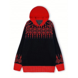 Women'S Elegant Hooded Sweatshirt - & Teal Color Block Pullover with Snowflake Pattern, Cozy Winter Sweater for Everyday & Formal Outfits