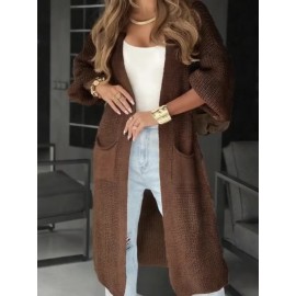 [Casual Wear Vneck Cardigan] Women's Casual V-Neck Ribbed Cardigan | Long Sleeve Button-Up with Pockets | Brown Fall/Winter Everyday Comfort