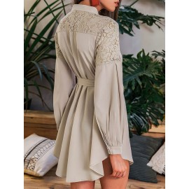 Long-sleeved lace dress with buttoned waist tie