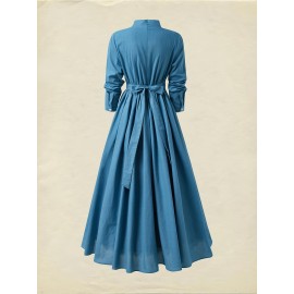 Elegant French-Inspired Vintage-Inspired V-Neck Long Sleeve Maxi Dress with Button Detail - Light Blue, Flowing A-Line Silhouette, Perfect for Summer, Adult Women'S Fashion, Casual Elegance|Vintageinspired Dress|Button Detail Dress, Wedding Guest Dresse Women Plu Size, Wedding Guest Outfit Women Plu Size, Wedding Guest Dresse Women Size, Plu Size Wedding Guest Dresse, Plu Size Women Dresse, Dress Women Offer, Vintage Dress For Women, Casual And Elegant Dress For Women, Summer Dress