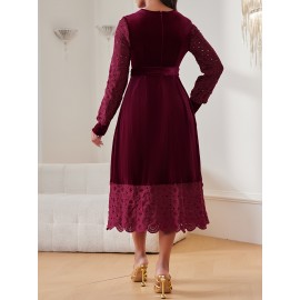 [Elegant Burgundy Dress] Elegant Burgundy Women's Dress | Long Lampshade Sleeves, Flared Hem, Belted Waist | A-Line Party, Office, Wedding Attire HRYY347