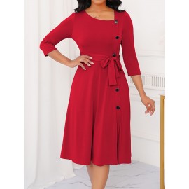 Elegant Slim Fit Solid Color Midi Dress with Waist Tie and Button Front - Chic Flared Silhouette, Long Sleeves, and Belted Waistband for a Sophisticated Look, A-Neck Style, Perfect for All Seasons, Stylish Women'S Dress, Perfect for Parties and Events