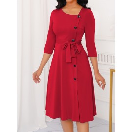 Elegant Slim Fit Solid Color Midi Dress with Waist Tie and Button Front - Chic Flared Silhouette, Long Sleeves, and Belted Waistband for a Sophisticated Look, A-Neck Style, Perfect for All Seasons, Stylish Women'S Dress, Perfect for Parties and Events