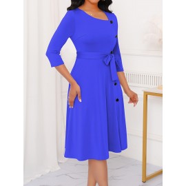 Elegant Slim Fit Solid Color Midi Dress with Waist Tie and Button Front - Chic Flared Silhouette, Long Sleeves, and Belted Waistband for a Sophisticated Look, A-Neck Style, Perfect for All Seasons, Stylish Women'S Dress, Perfect for Parties and Events