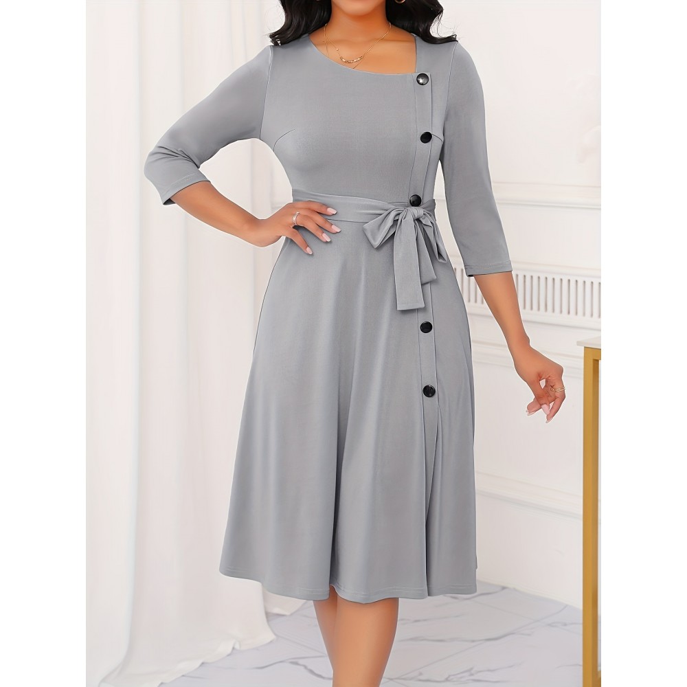 Elegant Slim Fit Solid Color Midi Dress with Waist Tie and Button Front - Chic Flared Silhouette, Long Sleeves, and Belted Waistband for a Sophisticated Look, A-Neck Style, Perfect for All Seasons, Stylish Women'S Dress, Perfect for Parties and Events