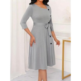 Elegant Slim Fit Solid Color Midi Dress with Waist Tie and Button Front - Chic Flared Silhouette, Long Sleeves, and Belted Waistband for a Sophisticated Look, A-Neck Style, Perfect for All Seasons, Stylish Women'S Dress, Perfect for Parties and Events