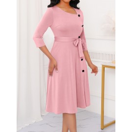 Elegant Slim Fit Solid Color Midi Dress with Waist Tie and Button Front - Chic Flared Silhouette, Long Sleeves, and Belted Waistband for a Sophisticated Look, A-Neck Style, Perfect for All Seasons, Stylish Women'S Dress, Perfect for Parties and Events