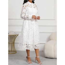 Spring/Autumn Women's Dress, Elegant Cut-Out Waist, Wedding/Date, Stand Collar White Lace Midi Dress WJ252