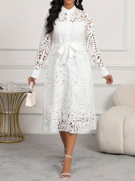 Spring/Autumn Women's Dress, Elegant Cut-Out Waist, Wedding/Date, Stand Collar White Lace Midi Dress WJ252
