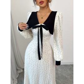 Women's Elegant Long Formal/Party/Office Dress - Flared A-Line Silhouette, Structured Non-Stretchy Fabric for Fall/Winter Events - Classic Women's Evening Gown, Elegant Evening Dresses, Formal Event Attire, Notched Collar Design, Decorative Bow Accent, Semitransparent Material