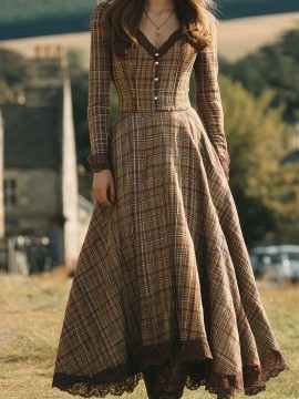 Women'S Vintage V-Neck Dress - Elegant Brown & Checkered Long Formal & Everyday Dress with Waist-Cinching Belt, Non-Stretch Fabric, Flared Hem for Office, Party, Wedding Outfits - Fall/Winter/Summer Dresses, Cute Dress