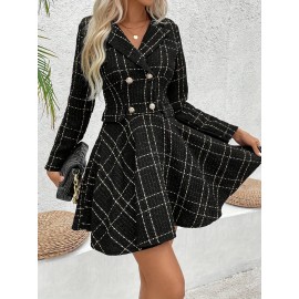 [Houndstooth Suit Dress] Women's Houndstooth Suit Dress | Double-Breasted A-Line Jacket & Dress | Structured Fit Short-Medium Length | Weddings, Business, Office | Black/White/Beige Trench Coat Style (Machine Washable)