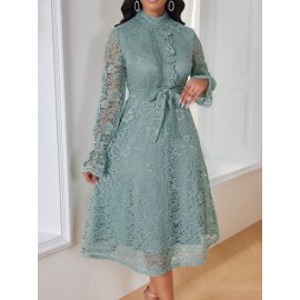 Women'S Elegant Mint Green Lace Dress with Belted Waist & Ruffled Hem - Long Sleeve A-Line Mid-Length Formal & Casual Dress for Weddings, Business