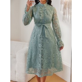 Women'S Elegant Mint Green Lace Dress with Belted Waist & Ruffled Hem - Long Sleeve A-Line Mid-Length Formal & Casual Dress for Weddings, Business