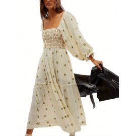 Women'S Floral Embroidered Maxi Dress with Puff Sleeves, Square Neck, Draped Tiered A-Line Skirt, 100% Polyester, Casual Summer Knit Fabric - Flowy Long Dress