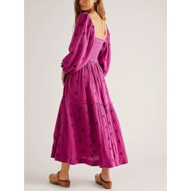 Women'S Floral Embroidered Maxi Dress with Puff Sleeves, Square Neck, Draped Tiered A-Line Skirt, 100% Polyester, Casual Summer Knit Fabric - Flowy Long Dress