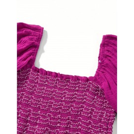 Women'S Floral Embroidered Maxi Dress with Puff Sleeves, Square Neck, Draped Tiered A-Line Skirt, 100% Polyester, Casual Summer Knit Fabric - Flowy Long Dress