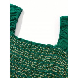 Women'S Floral Embroidered Maxi Dress with Puff Sleeves, Square Neck, Draped Tiered A-Line Skirt, 100% Polyester, Casual Summer Knit Fabric - Flowy Long Dress