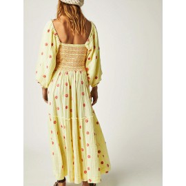 Women'S Floral Embroidered Maxi Dress with Puff Sleeves, Square Neck, Draped Tiered A-Line Skirt, 100% Polyester, Casual Summer Knit Fabric - Flowy Long Dress