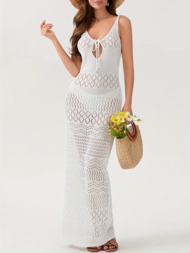 Women'S Crochet Long Dress Sleeveless V Neck Hollow Out Solid Color Dress Beach Coverups