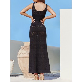 Women'S Crochet Long Dress Sleeveless V Neck Hollow Out Solid Color Dress Beach Coverups