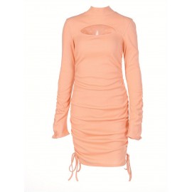 Women'S High Neck Long Sleeve Bodycon Mini Dress with Front Cutout and Side Ruching Drawstrings, Solid Color Soft Cotton Blend, Versatile & Seasonless
