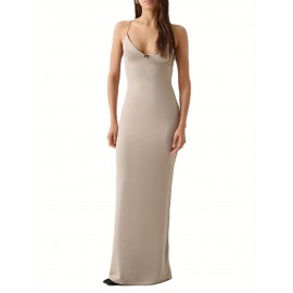 1pc Elegant Solid Color Slingback Evening Gown for Women - Off the Shoulder V-Neck Sleeveless Fitted Spaghetti Strap Long Dress - Woven Fabric for Spring/Summer/Fall