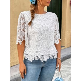 Plus Size, Women's Elegant Blouse - Non-Stretch Semi-Sheer Lace-like Top, Non-Stretchy Formal & Casual Shirt for Brunch, Office, Parties - Machine Washable Women's Clothing, Vacation Style, Feminine Design, Breathable Material, Fashion Top, Party Goers