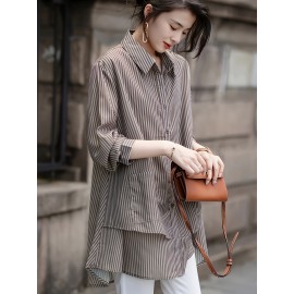 Plus Size, Fall Turn- Collar Loose Fit Versatile Striped Casual Comfortable Commuter Top Plus Size Women's Clothing, Everyday Top, Casual Wear, Striped Blouse, Relaxed Fit Shirt, Durable Construction, Breathable Material, Women's Blouse, Stylish Tee, Office Casual, Working Women