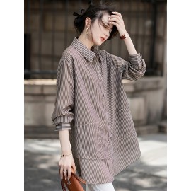 Plus Size, Fall Turn- Collar Loose Fit Versatile Striped Casual Comfortable Commuter Top Plus Size Women's Clothing, Everyday Top, Casual Wear, Striped Blouse, Relaxed Fit Shirt, Durable Construction, Breathable Material, Women's Blouse, Stylish Tee, Office Casual, Working Women