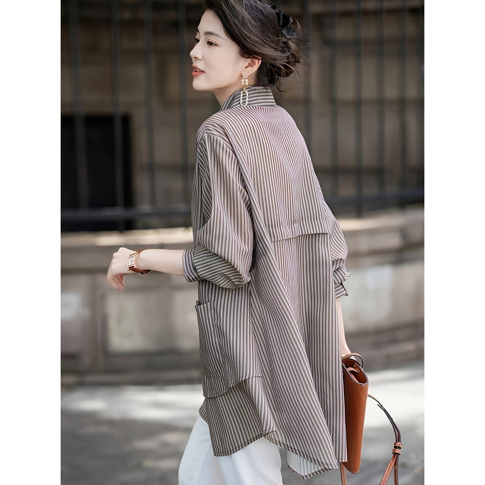 Plus Size, Fall Turn- Collar Loose Fit Versatile Striped Casual Comfortable Commuter Top Plus Size Women's Clothing, Everyday Top, Casual Wear, Striped Blouse, Relaxed Fit Shirt, Durable Construction, Breathable Material, Women's Blouse, Stylish Tee, Office Casual, Working Women