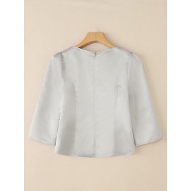 Plus Size, ZANZEA Women's Plus Size Elegant Blouse - Pink & White Puff Bow-Knot Collar, Short Jacket-like Button-Front Top, Loose Fit 3/4 Sleeve Shirt for Wedding, Office, Party, Wedding Guest (Machine Washable) - No-Stretch Round Neck