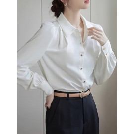 Plus Size, Women's Elegant Plus Size Long Sleeve Shirt - Classic Collar Button-Up Blouse with Golden Buttons, Solid Color Non-See-Through Fabric, Machine Washable All-Season Versatile Top for Casual & Professional Wear, Office Attire, Turndown Collar, Easy Care Material, Work Attire, Timeless Design, Durable Fabric, Fashionconscious Women