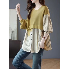 [Plus Size Women's Stylish] Plus Size Women's Stylish Fashionable Round Neck Spliced Striped Shirt Top | Button Up Long Sleeves Evening Tops Blouses High Quality