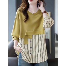 [Plus Size Women's Stylish] Plus Size Women's Stylish Fashionable Round Neck Spliced Striped Shirt Top | Button Up Long Sleeves Evening Tops Blouses High Quality