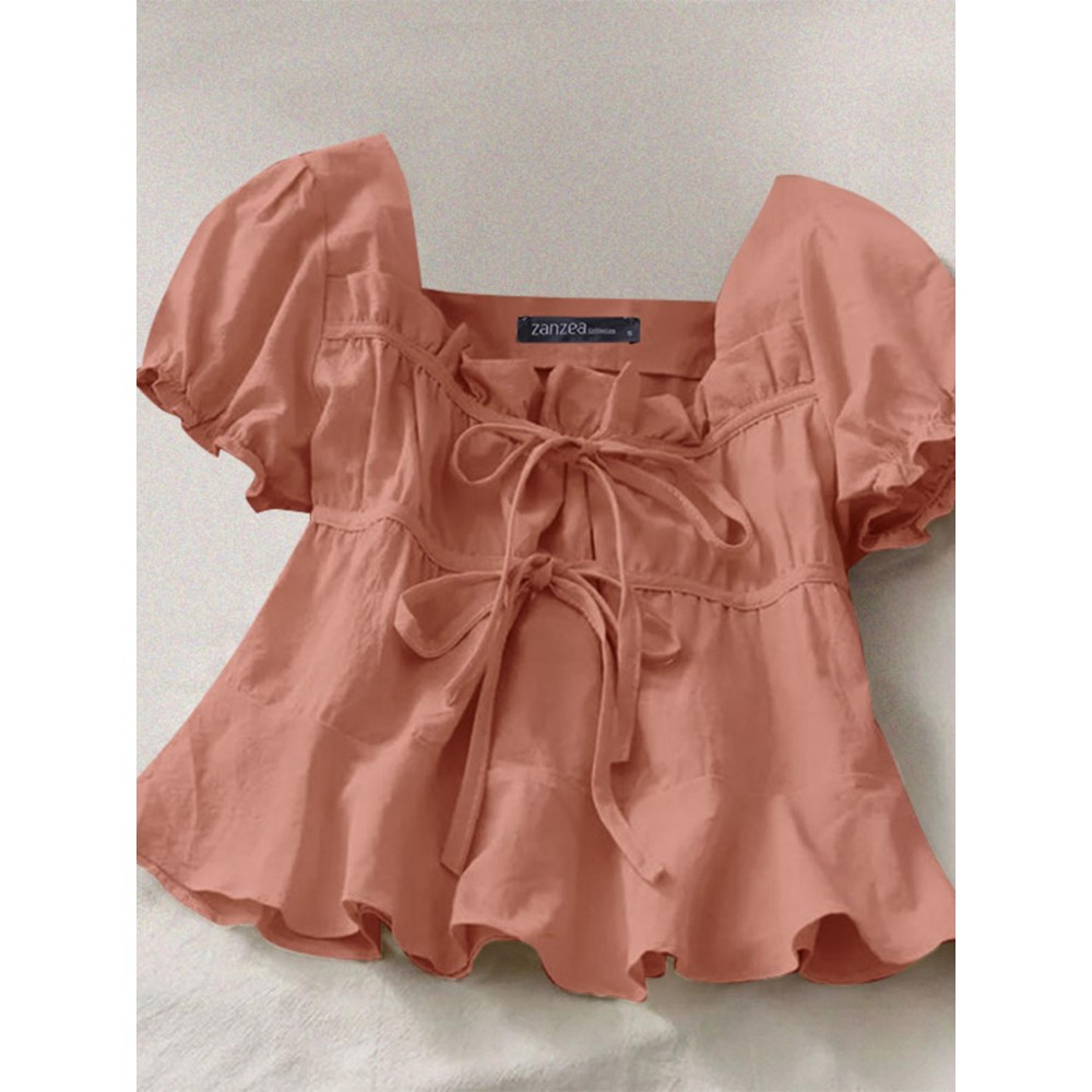 Plus Size - ZANZEA Women'S Plus Size Elegant Square Neck Blouse with Puff Sleeves & Tiered Ruffle Detail - Light Purple Solid Color, Non-Stretch Fabric, Perfect for Summer Commuting & Casual Outfits, Cute Blouse, Summer Fashion Top, Layered Ruffle Design, Nonstretch Fabric