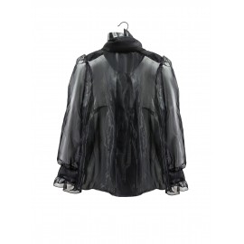 Plus Size Women's Elegant & Sexy Sheer Mesh Shirt with Bold Bow Detail - Choker Neck Long Sleeve Blouse, Semi-Transparent All-Season Top for Casual & Formal Wear, Formal Attire, Sophisticated Style, Nonstretch Fabric